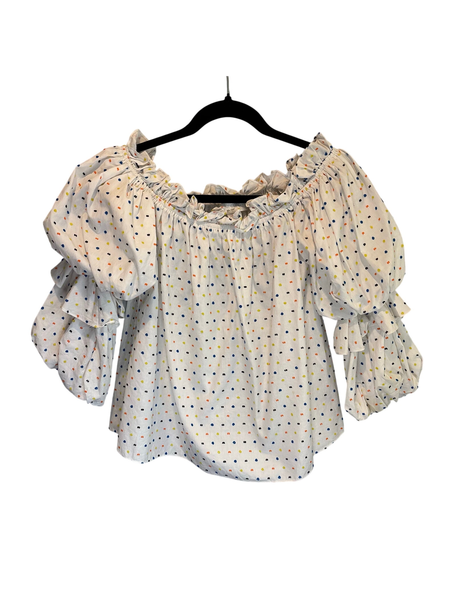 Caroline Constas Off-The-Shoulder Ruffled Sleeve Embroidered Polka Dot Top - Xs